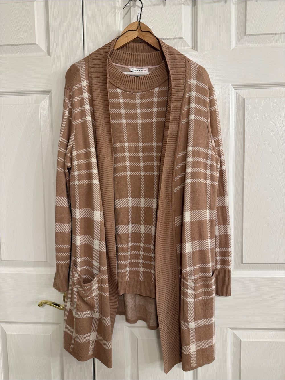 Isaac Mizrahi Taupe & Cream Plaid Open-Front Cardigan and Sweater Set 2 pc